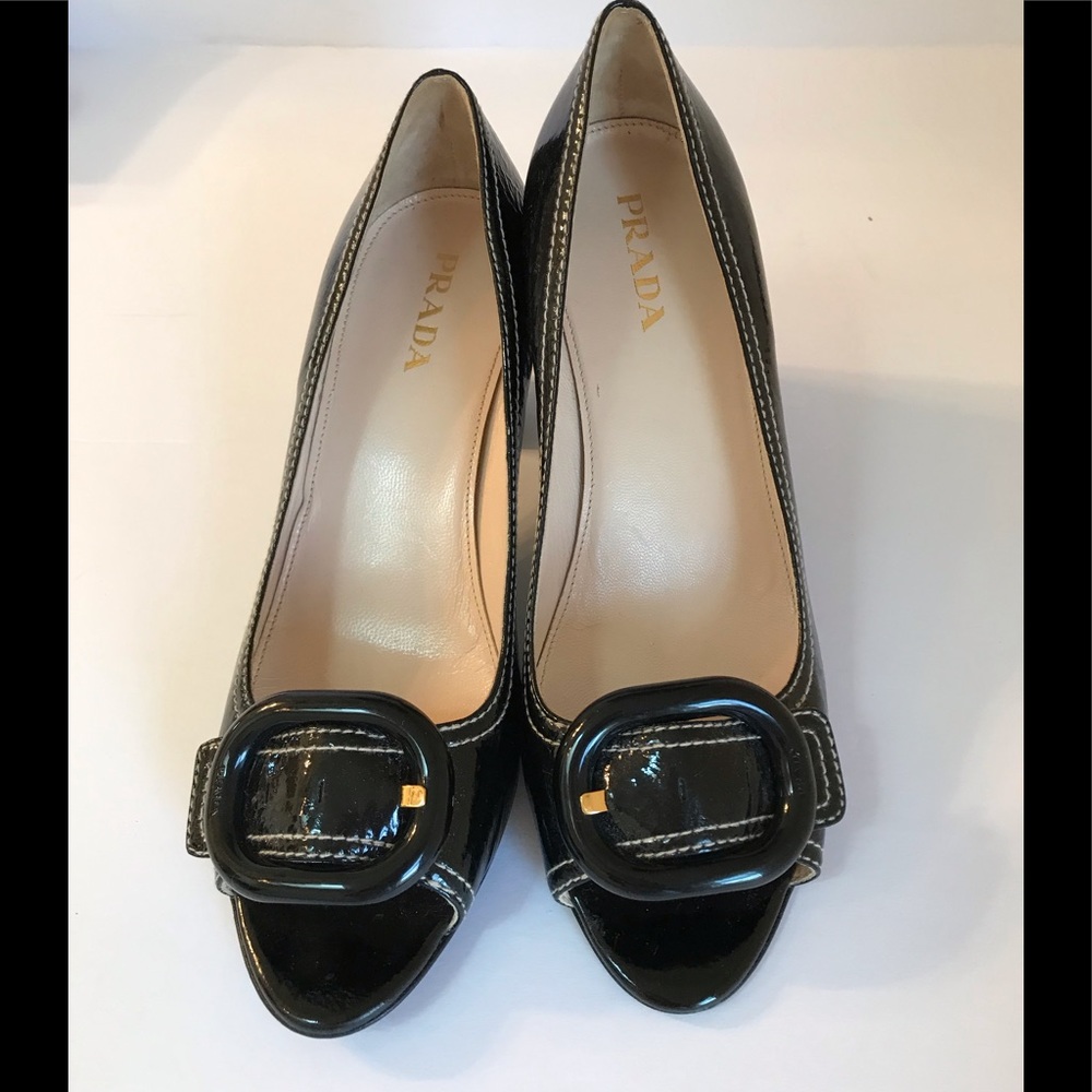 Prada Parent Leather Buckle Open Toe Pump